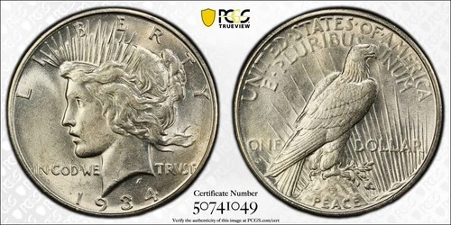 1934-D Peace Silver Dollar PCGS AU58 Gold Shield