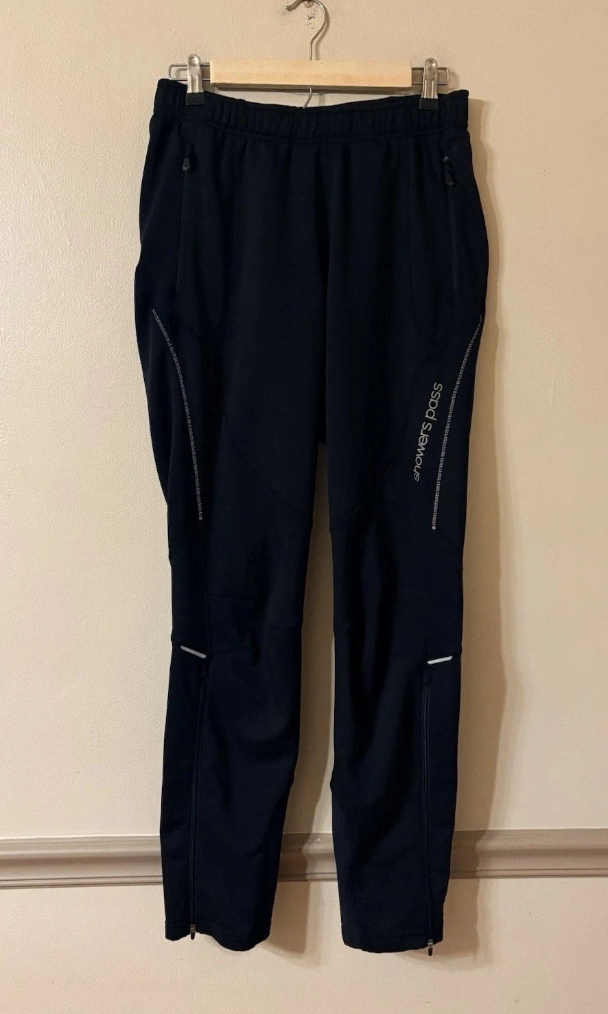 Showers Pass Fleece Lined Track Pants Leg Zipper Reflective Detail Size M Black