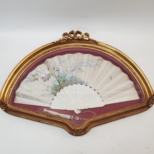 Antique French Hand Painted Satin Fan c.1890 in Gilded Shadow Box Frame 25"