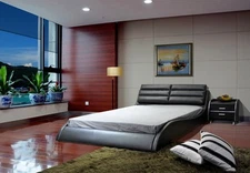 Black Modern Upholstered Platform Bed with Wave-like Sideboard & Curved Slats   