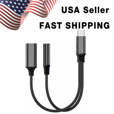 2 in 1 Type C USB C to 3.5mm AUX Audio Jack Earphone Adapter Charger Cable Black