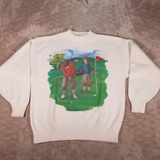 VTG 90s Grandpa Knit Golf Sweater White Sz XL Printed STAINED See Pics
