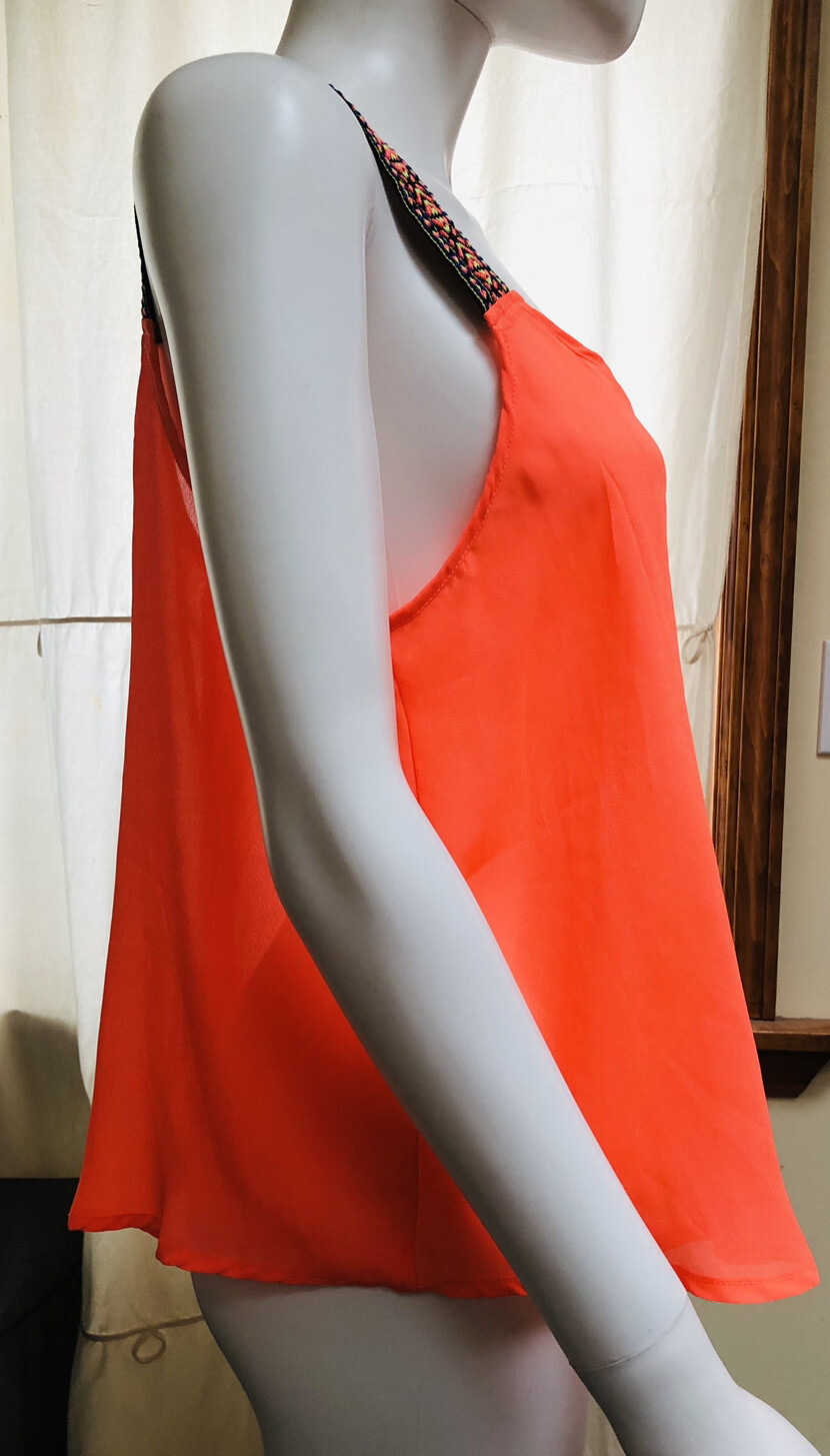 I'M IN LOVE WITH DEREK Womens Sheer Tank Top Orange w/ Aztec Straps