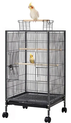 MCAGE 36" Wrought Iron Open Play Top Bird Cage Rolling Stand Parrots Conure Cockatiel
