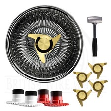 14x7 Rev 100 Spoke Straight Lace Lowrider Wire Wheels 3 Bar Cut Gold Caps Set