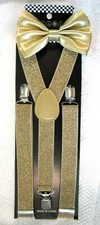 Shiny Champaign Adj Pre-Tied Strap Bow tie Champagne Glitter Adj Suspenders-New 