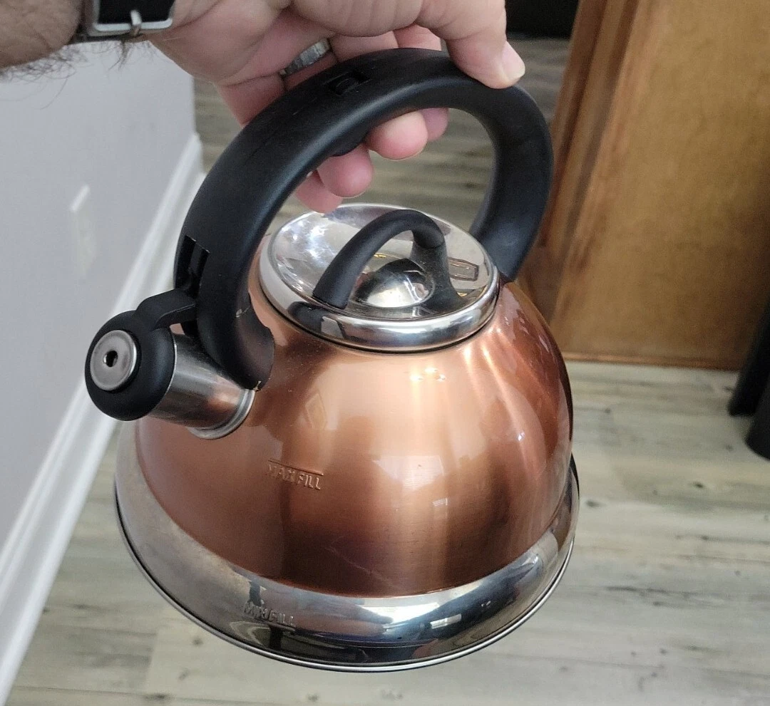 Delmonico's 2.5 Qt Tea Pot Copper color Stainless Stovetop Whistling Kettle