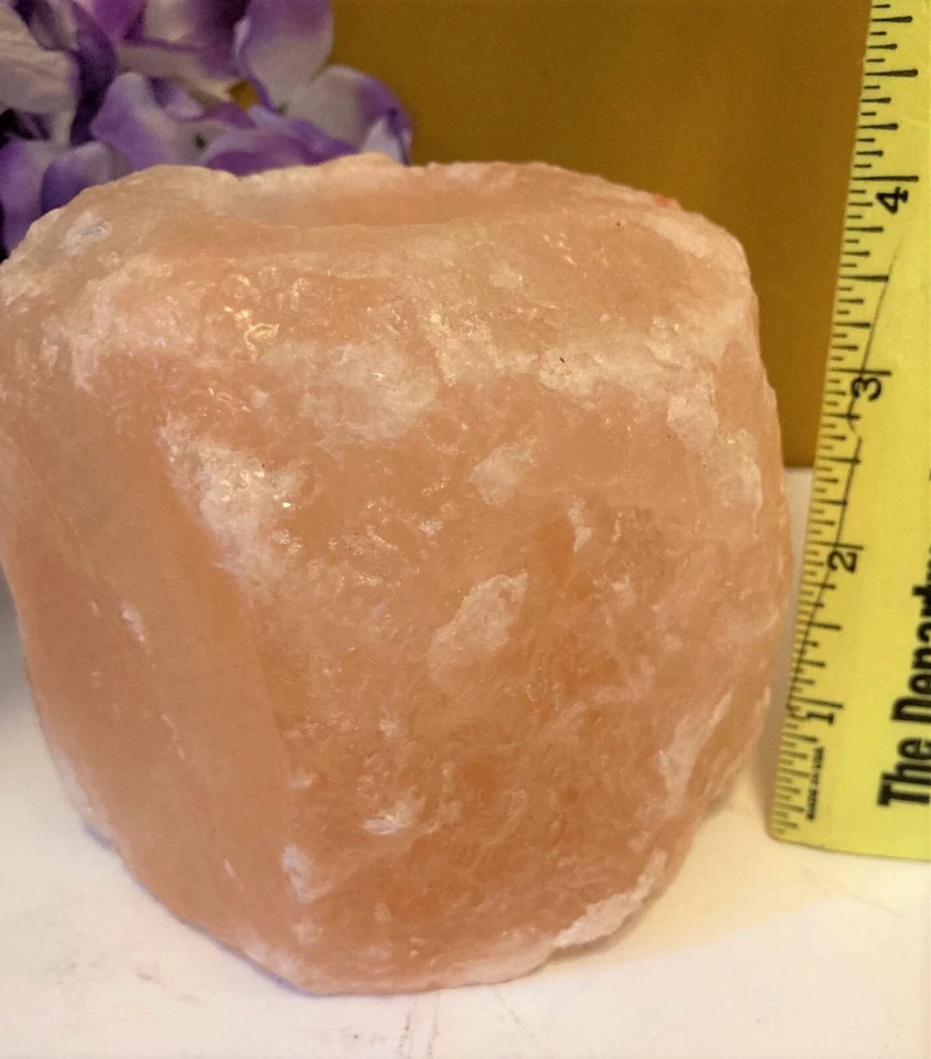 Candelabro votivo de sal de roca rosa del Himalaya tallado a mano terapia curativa 4" x 4" Foto 3 de 3