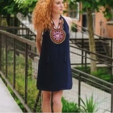 THML Roonie Embroidered Floral Tassel Mini Shift Dress Blue Women's Small Petite