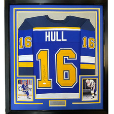 Framed Autographed/Signed Brett Hull 33x42 St. Louis Blue Hockey Jersey JSA COA