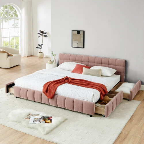 Queen King Size Bed Frames with Storage Drawer Upholstered Platform Bed Bedstead - Image 2 of 4