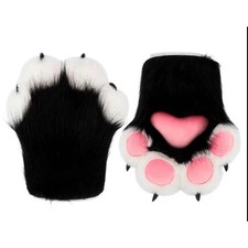 Furry Cat Paw Gloves Black White Tuxedo Cosplay Mittens Pink Heart Pads Claws