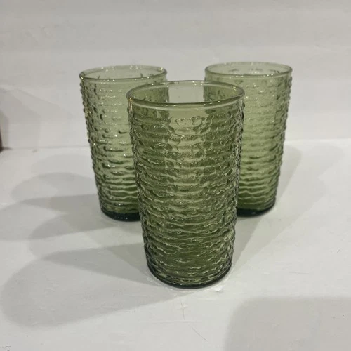 3 Anchor Hocking SORENO Avocado Green Glass Bark 5-1/8" tall TUMBLERS, 12oz, VTG