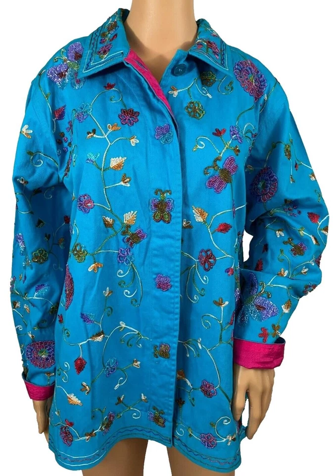 VTG Quacker Factory Size M Blue Butterfly Beaded Embroidered Jacket Shirt - Image 2 of 4