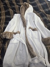 NWT POTTERY BARN Ombre FAUX FUR Collar ROBE, Size S CREAM Carmel Trim With Hood