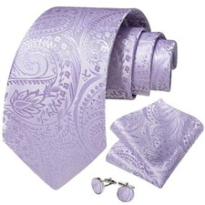 Mens Tie Set Silk Solid Paisley Necktie and Pocket Square Lilac Paisley