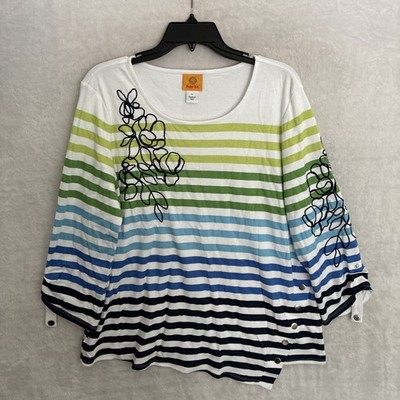 Ruby Rd Womans Blouse Top Multicolor Striped Large Cotton Long Sleeve Pullover