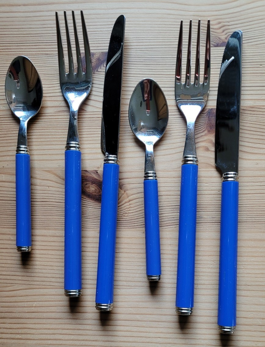 Besteck 6 tlg. Inox 18/10 Edelstahl blaue Kunststoffgriffe