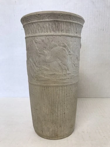 VINTAGE RED WING(?) POTTERY, BRUSHWARE-MATTE FINISH, CRANE/BIRD, 8" VASE