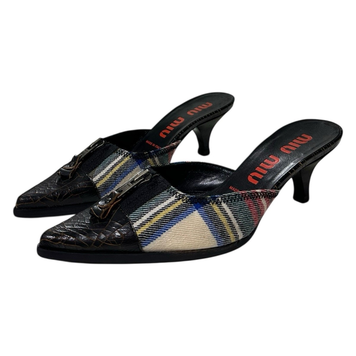 MIUMIU ハイヒール　チェック柄　シューズ MIU MIU Cracked Leather Checkered Mules | eBay