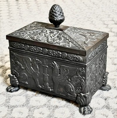 Antique German Cast Iron Ornate Box & Lid, Griffins, Pinecone Handle, Lions Feet