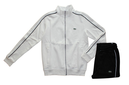 LACOSTE MEN TRACKSUIT SET IN WHITE COLOR  FULL ZIP JACKET AND BLACK PANTS