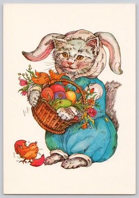 Postcard Easter Cat Bunny Ears Basket Eggs Chick Evelyn Gathings 1987