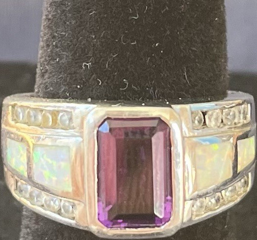 925 Sterling Silver Ring Emerald Cut Amethyst Opal Inlay 7mm Band Size 6