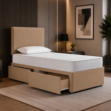 Image of 3FT Single Plain Divan Bed Plush Velvet Upholstered 24" Headboard Storage Drawer