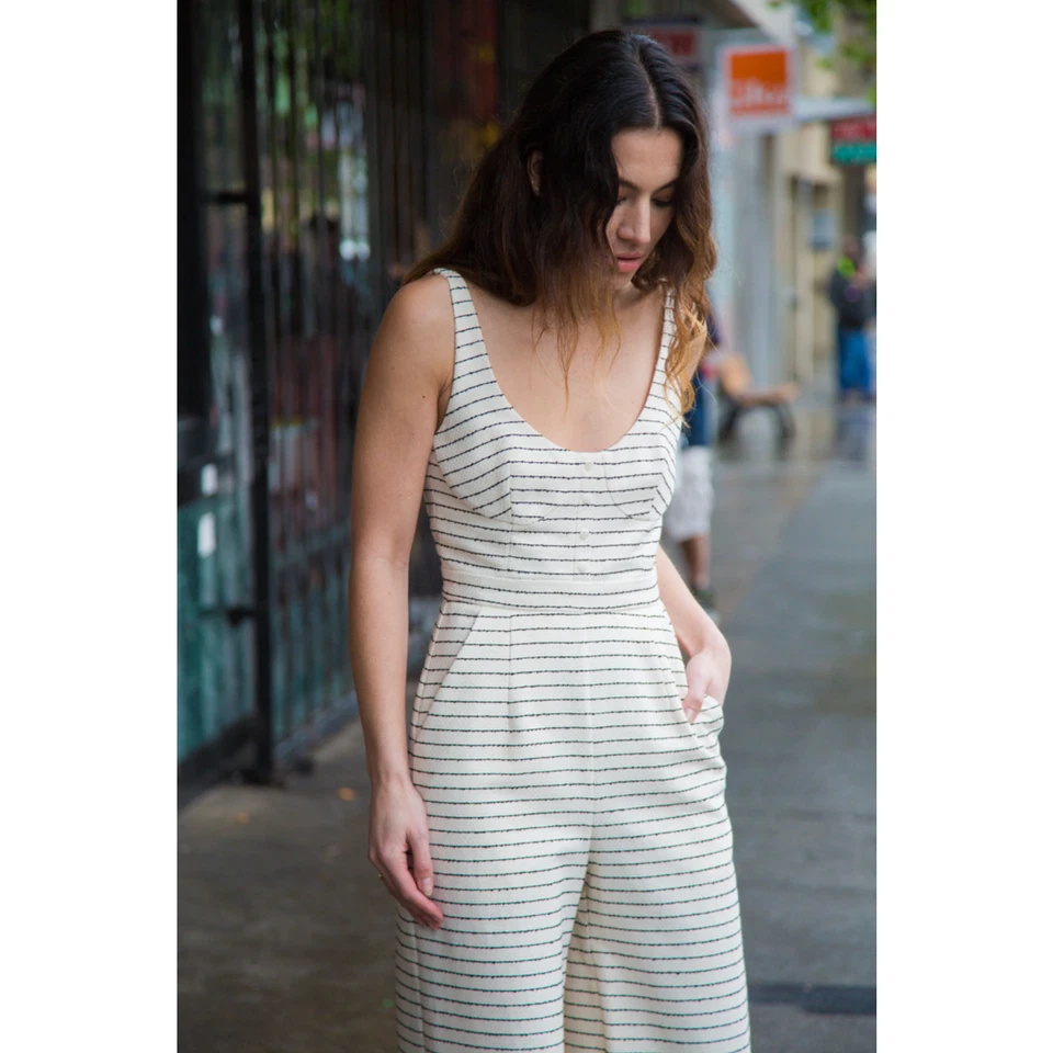 Mono Mara Hoffman a Rayas Negro Crema Pierna Ancha Sin Mangas Algodón Talla 0 Foto 3 de 4