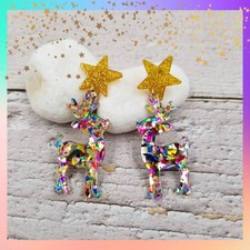 Christmas Confetti Reindeer Earrings  Festive Holiday Acrylic Dangle Earrings