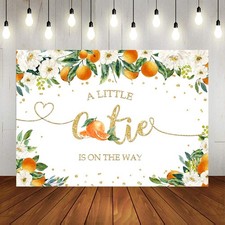 7x5ft A Little Cutie Baby Shower Backdrop, Orange Floral Greenery Background