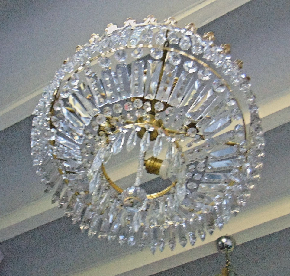 ANCIEN ET SUPERBE LUSTRE PLAFONNIER CORBEILLE BRONZE ET PAMPILLES CRISTAL - Photo 4/4