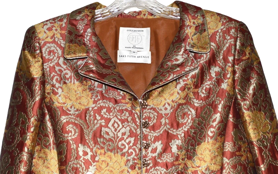 Vtg Mary McFadden Saks Fifth Avenue Gold Brocade Burnt Orange Skirt Suit Size 8 - Image 3 of 4