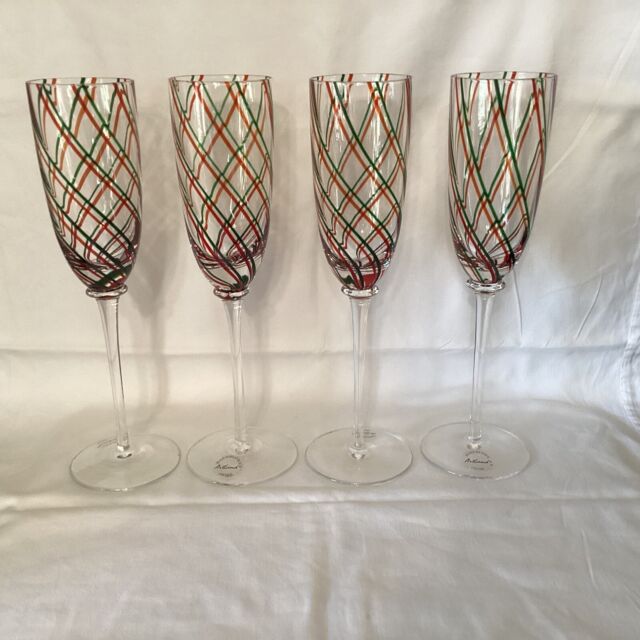 Set Of 4 ~ Artland Hand Blown Champagne Wine Glasses Red & Green Swirls Holiday Set Of 4 ~ Artland Hand Blown Champagne Wine Glasses Red & Green Swirls Holiday