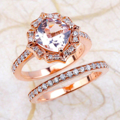 2.55CT Floral Morganite & Diamond Engagement Wedding Set 14k Rose Gold PD295D