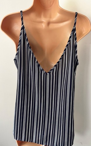 Size 12 Papaya blue mix stripe sleeveless V-neck front/back camisole top - Picture 5 of 7