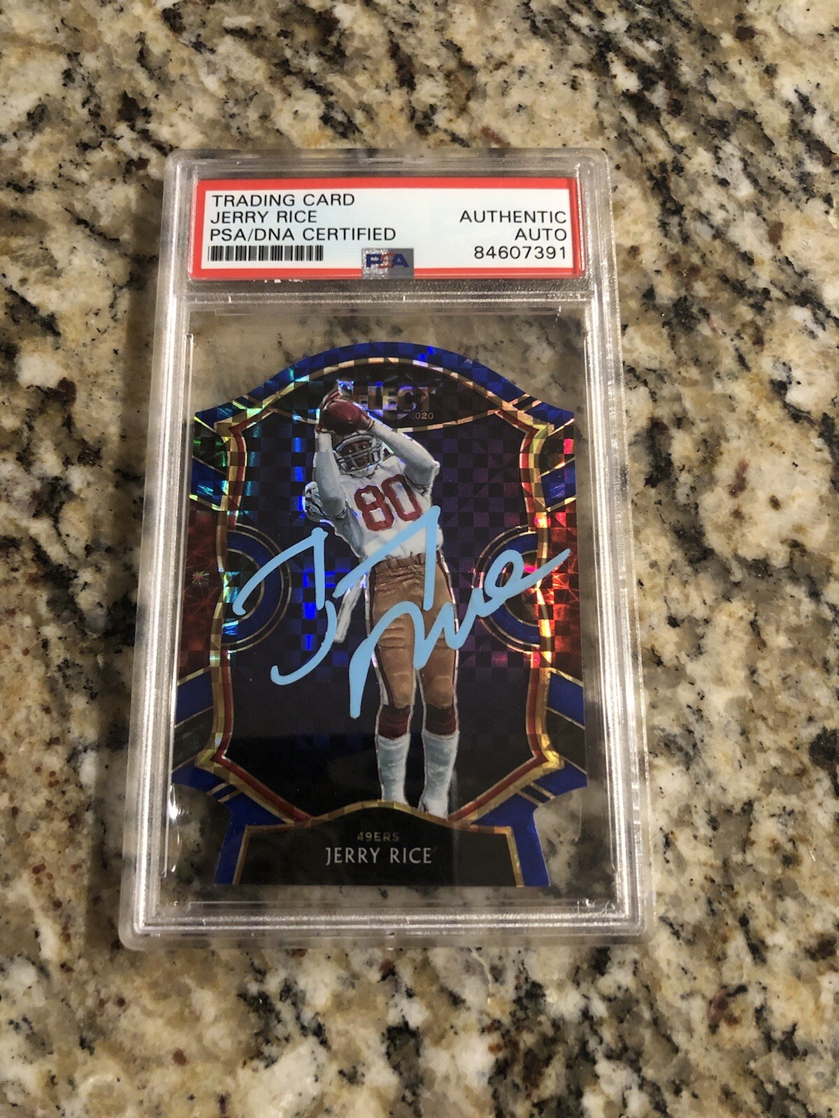 JERRY RICE Signed Panini Select Concourse Blue Checker Die Cut Prizm PSA/DNA