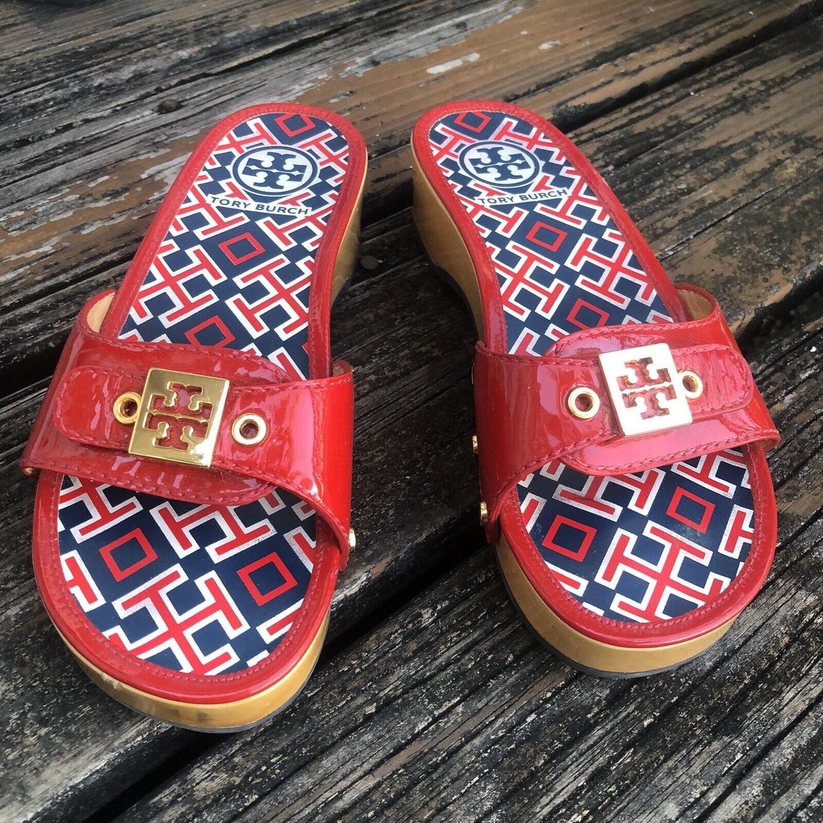 Tory Burch Dixon Patent Leather Wood Slides  Womens Shoes Red Blue  Sandals | eBay
