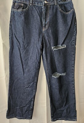 Boohoo Distressed Damen Jeans geteilter Saum hohe Taille mittelblau Größe 14 Petite Neu mit Etikett 