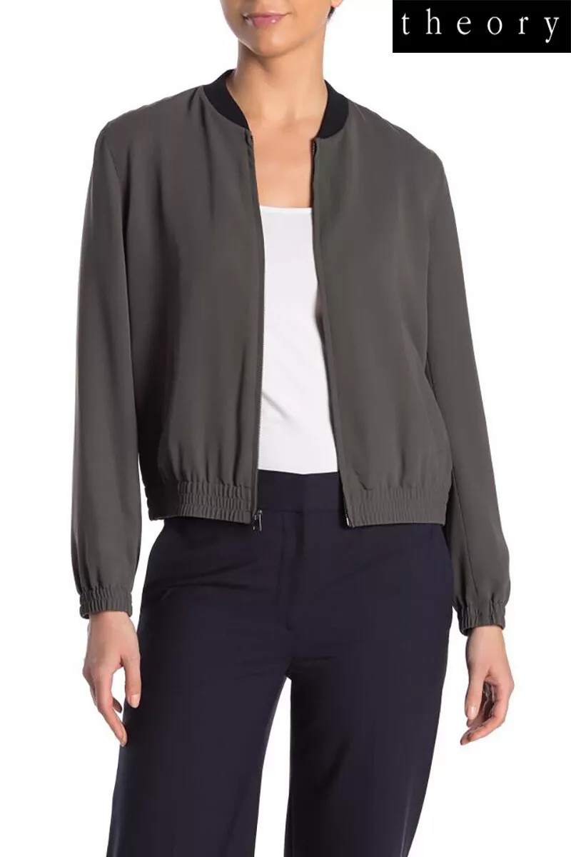 THEORY BAHARAH FRONT ZIP THYME DRAPEY CREPE BOMBER JACKET. NWT $375. SZ P (XS)