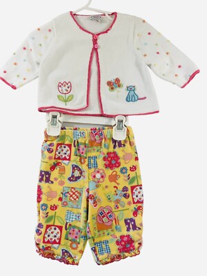 Talbots Kids Sweater Outfit Yellow & Pink Floral Tulips Kitty Cat 6 mo