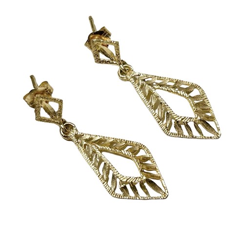14K Solid Yellow Gold Diamond Cut Dangle Earrings Pierced 1.40g - Picture 7 of 10