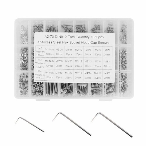 1080 Stück M2 M3 M4 Edelstahl Schrauben + Muttern Sortiment Set Unterlegscheiben - Bild 6 von 6