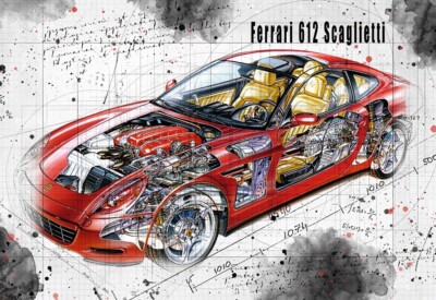 Line Tech Zeichnung Ferrari 612 Scaglietti Cutaway Kunst Poster Druck