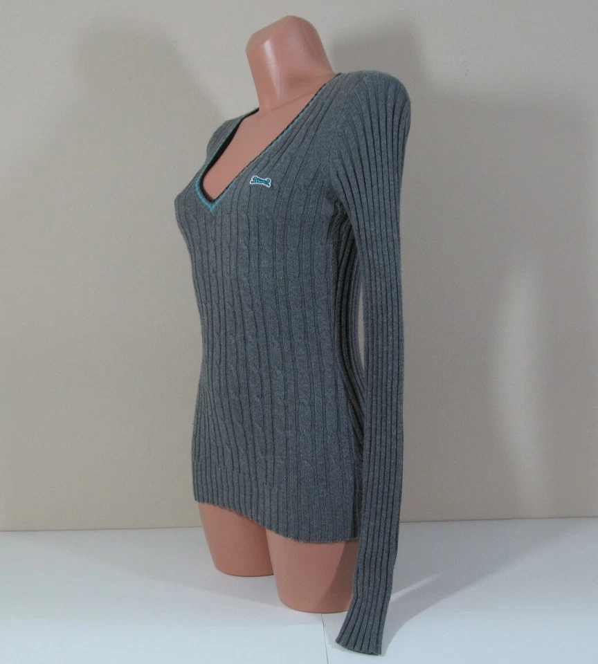 L码女式LE TIGRE 100%纯棉L/S电缆针织灰色套衫毛衣V领 — 第 4/4 张图片