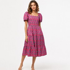 J.Crew Pink Floral Puff Sleeve Smocked Midi Dress Cotton Size 4 Cottagecore