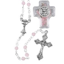 Communion Rosary Beads in Clear Cross Box with Chalice Embellishment - Pink