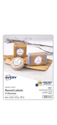Avery 22807 2'' dia Print-to-the Edge Labels - Round Glossy White (120/PK) New