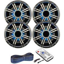 Kicker 6.5" 2-Way 195W LED Speaker 2 Pair w/Silver Grilles, LED Remote, Wire